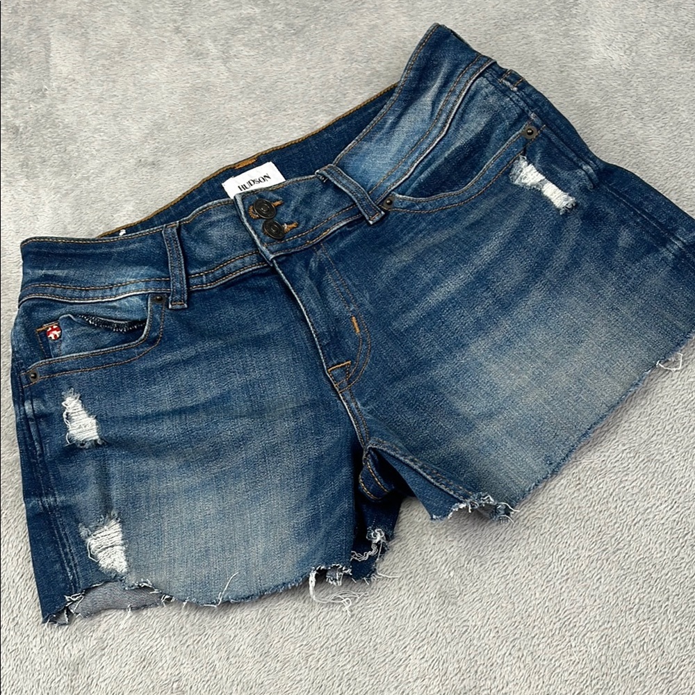 Hudson Jeans Distressed Medium Blue Denim Jean Shorts
